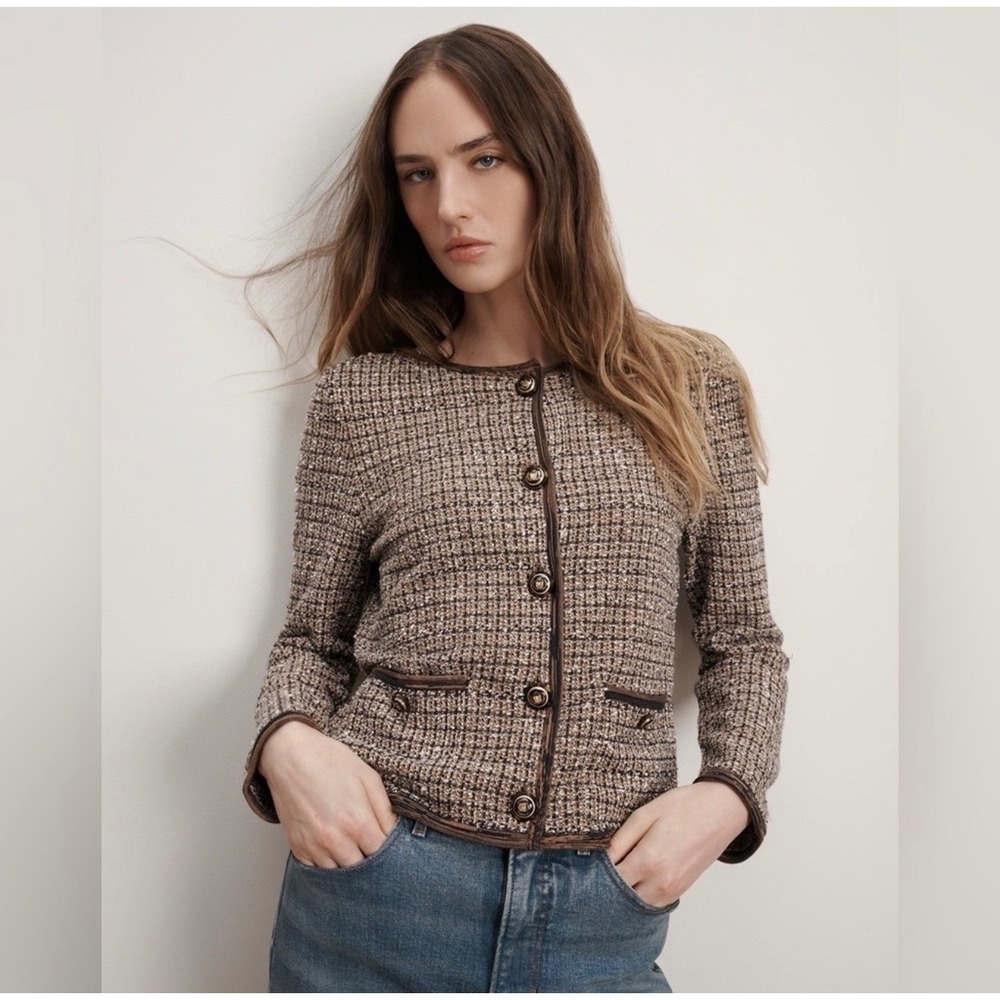 Veronica Beard Brisa Tweed Knit Jacket Women XL Acorn Brown Gold Button Jacket